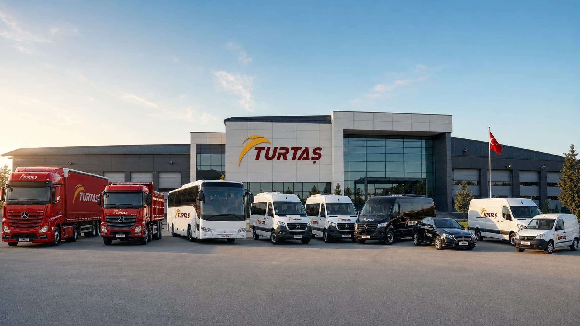 Turtaş genel merkezi önünde tır, otobüs, minibüs ve VIP araçlardan oluşan filo
